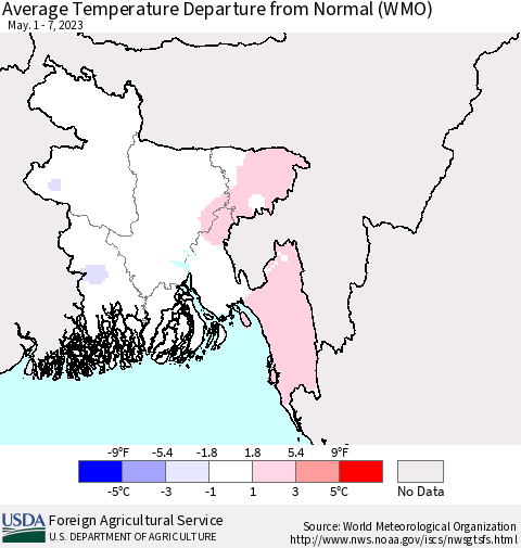 Bangladesh Average Temperature Departure from Normal (WMO) Thematic Map For 5/1/2023 - 5/7/2023