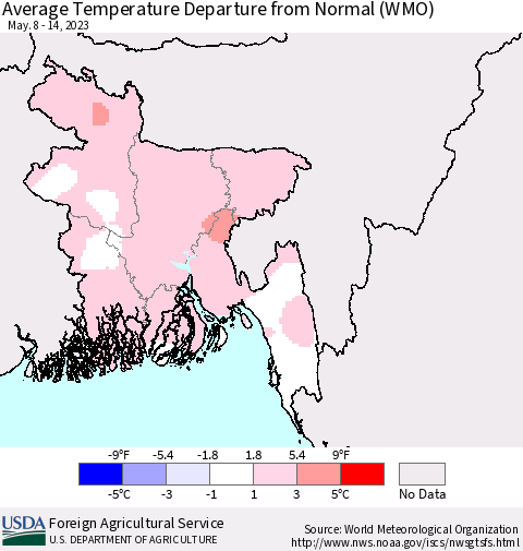 Bangladesh Average Temperature Departure from Normal (WMO) Thematic Map For 5/8/2023 - 5/14/2023