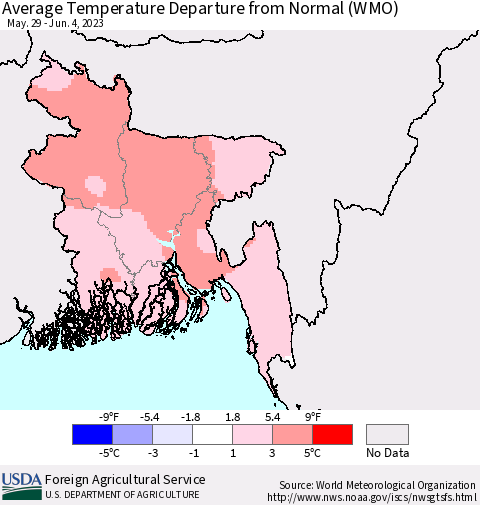 Bangladesh Average Temperature Departure from Normal (WMO) Thematic Map For 5/29/2023 - 6/4/2023