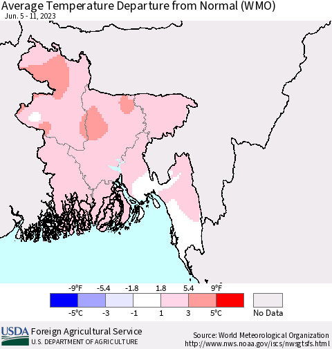 Bangladesh Average Temperature Departure from Normal (WMO) Thematic Map For 6/5/2023 - 6/11/2023