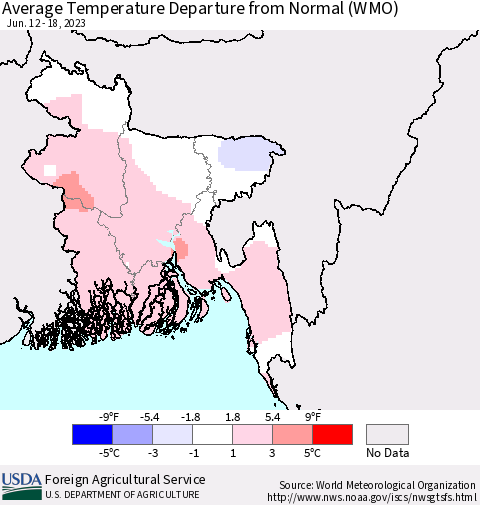Bangladesh Average Temperature Departure from Normal (WMO) Thematic Map For 6/12/2023 - 6/18/2023