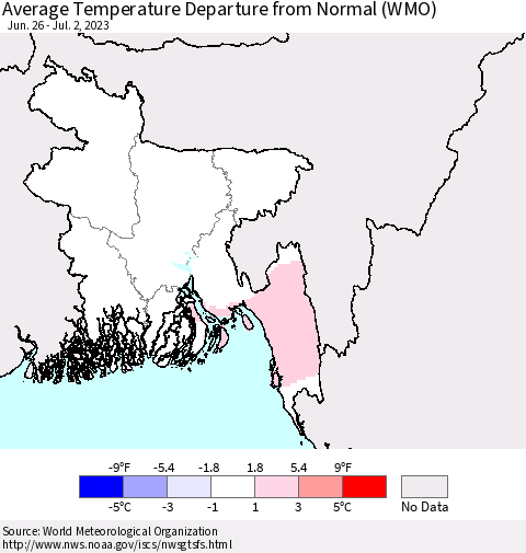 Bangladesh Average Temperature Departure from Normal (WMO) Thematic Map For 6/26/2023 - 7/2/2023