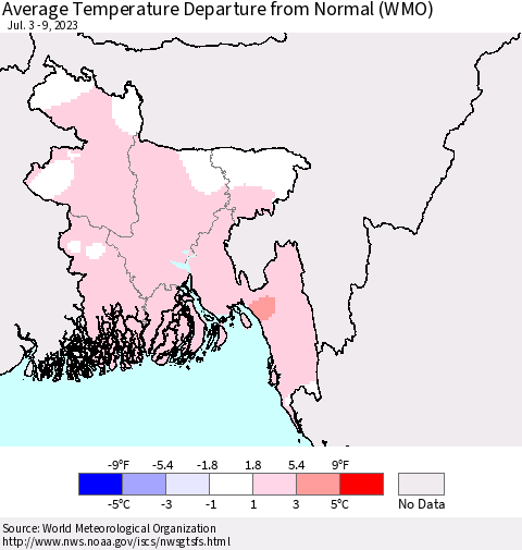 Bangladesh Average Temperature Departure from Normal (WMO) Thematic Map For 7/3/2023 - 7/9/2023