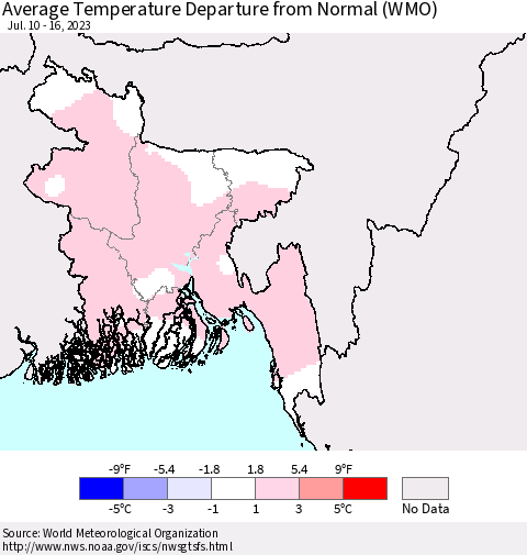 Bangladesh Average Temperature Departure from Normal (WMO) Thematic Map For 7/10/2023 - 7/16/2023