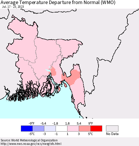Bangladesh Average Temperature Departure from Normal (WMO) Thematic Map For 7/17/2023 - 7/23/2023