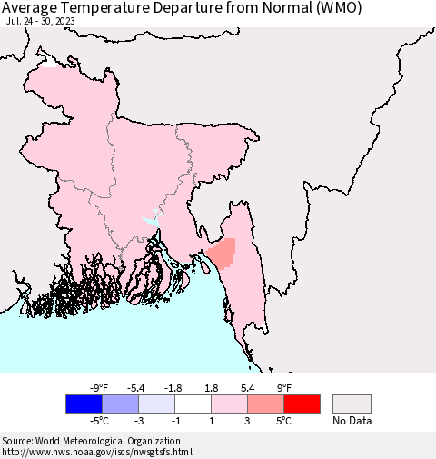 Bangladesh Average Temperature Departure from Normal (WMO) Thematic Map For 7/24/2023 - 7/30/2023