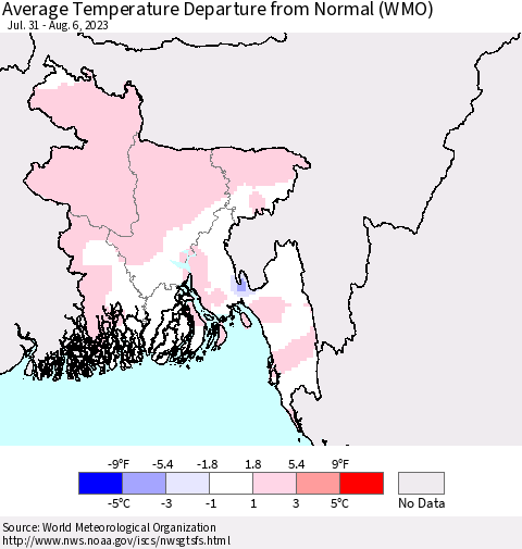 Bangladesh Average Temperature Departure from Normal (WMO) Thematic Map For 7/31/2023 - 8/6/2023