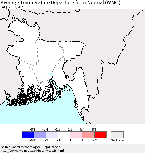 Bangladesh Average Temperature Departure from Normal (WMO) Thematic Map For 8/7/2023 - 8/13/2023