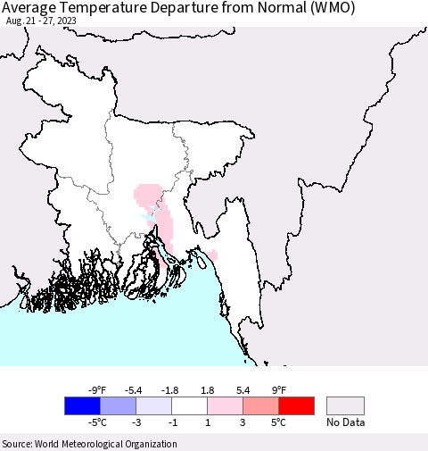 Bangladesh Average Temperature Departure from Normal (WMO) Thematic Map For 8/21/2023 - 8/27/2023
