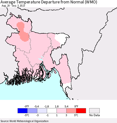 Bangladesh Average Temperature Departure from Normal (WMO) Thematic Map For 8/28/2023 - 9/3/2023