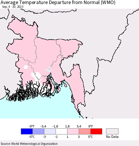 Bangladesh Average Temperature Departure from Normal (WMO) Thematic Map For 9/4/2023 - 9/10/2023