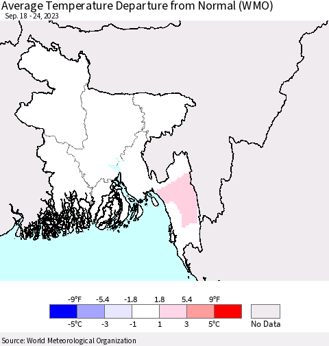 Bangladesh Average Temperature Departure from Normal (WMO) Thematic Map For 9/18/2023 - 9/24/2023