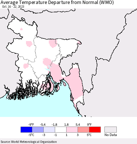 Bangladesh Average Temperature Departure from Normal (WMO) Thematic Map For 10/16/2023 - 10/22/2023