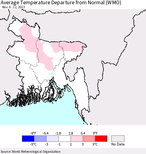 Bangladesh Average Temperature Departure from Normal (WMO) Thematic Map For 11/6/2023 - 11/12/2023