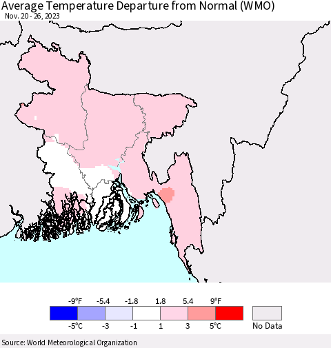 Bangladesh Average Temperature Departure from Normal (WMO) Thematic Map For 11/20/2023 - 11/26/2023