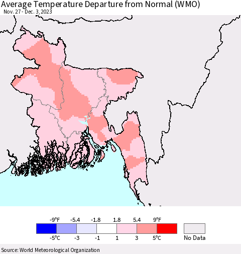 Bangladesh Average Temperature Departure from Normal (WMO) Thematic Map For 11/27/2023 - 12/3/2023