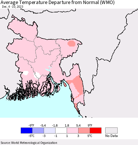 Bangladesh Average Temperature Departure from Normal (WMO) Thematic Map For 12/4/2023 - 12/10/2023