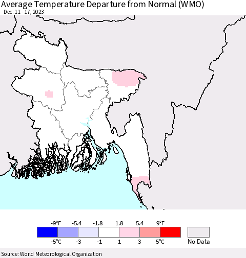 Bangladesh Average Temperature Departure from Normal (WMO) Thematic Map For 12/11/2023 - 12/17/2023
