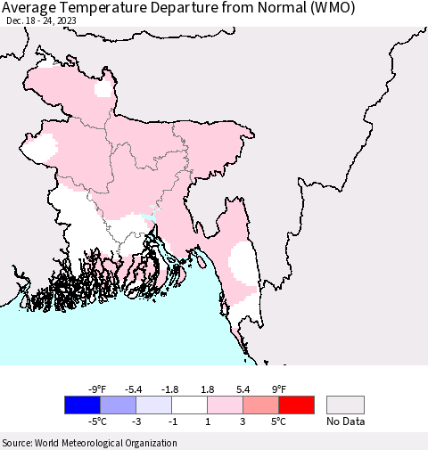 Bangladesh Average Temperature Departure from Normal (WMO) Thematic Map For 12/18/2023 - 12/24/2023