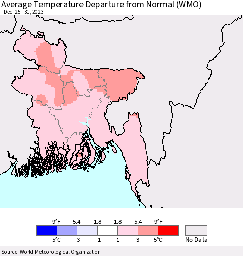 Bangladesh Average Temperature Departure from Normal (WMO) Thematic Map For 12/25/2023 - 12/31/2023