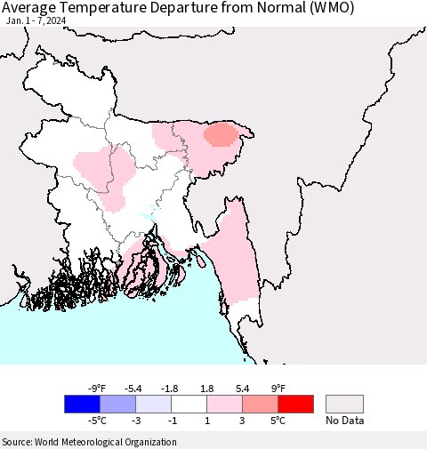 Bangladesh Average Temperature Departure from Normal (WMO) Thematic Map For 1/1/2024 - 1/7/2024