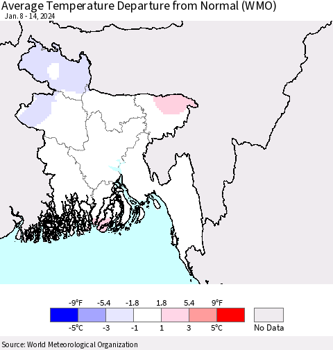Bangladesh Average Temperature Departure from Normal (WMO) Thematic Map For 1/8/2024 - 1/14/2024