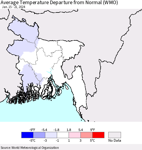 Bangladesh Average Temperature Departure from Normal (WMO) Thematic Map For 1/15/2024 - 1/21/2024
