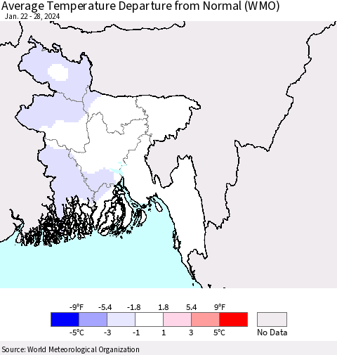 Bangladesh Average Temperature Departure from Normal (WMO) Thematic Map For 1/22/2024 - 1/28/2024