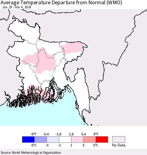 Bangladesh Average Temperature Departure from Normal (WMO) Thematic Map For 1/29/2024 - 2/4/2024