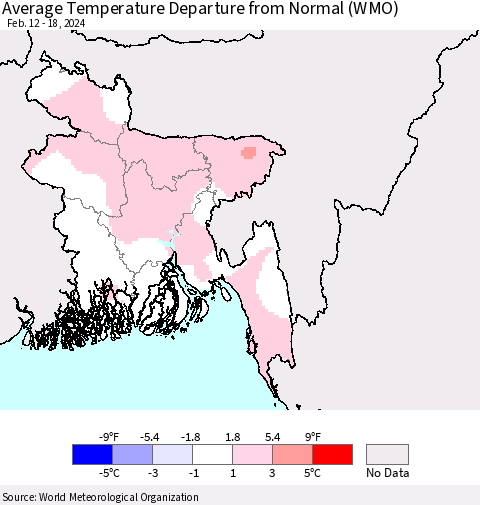 Bangladesh Average Temperature Departure from Normal (WMO) Thematic Map For 2/12/2024 - 2/18/2024