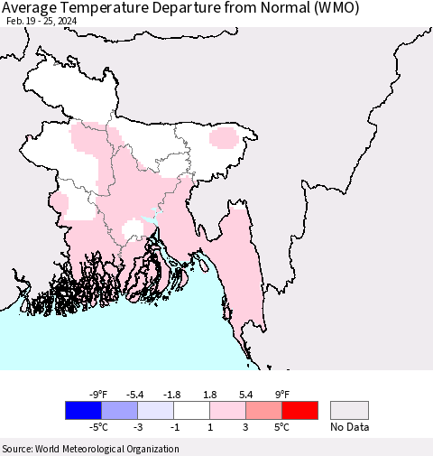 Bangladesh Average Temperature Departure from Normal (WMO) Thematic Map For 2/19/2024 - 2/25/2024