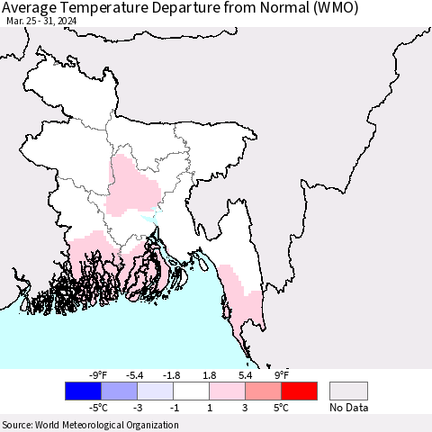 Bangladesh Average Temperature Departure from Normal (WMO) Thematic Map For 3/25/2024 - 3/31/2024