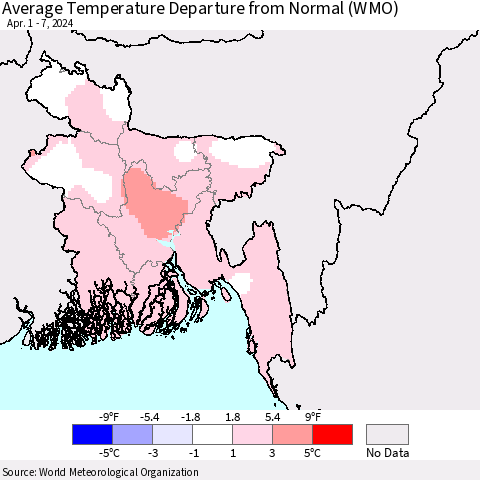 Bangladesh Average Temperature Departure from Normal (WMO) Thematic Map For 4/1/2024 - 4/7/2024