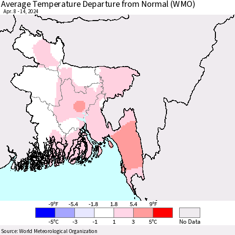 Bangladesh Average Temperature Departure from Normal (WMO) Thematic Map For 4/8/2024 - 4/14/2024