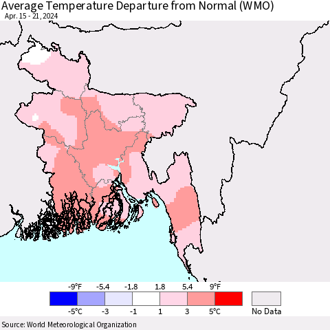 Bangladesh Average Temperature Departure from Normal (WMO) Thematic Map For 4/15/2024 - 4/21/2024