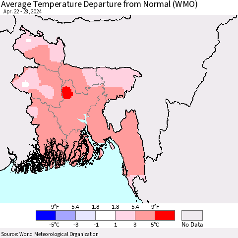Bangladesh Average Temperature Departure from Normal (WMO) Thematic Map For 4/22/2024 - 4/28/2024