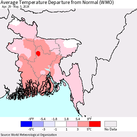 Bangladesh Average Temperature Departure from Normal (WMO) Thematic Map For 4/29/2024 - 5/5/2024