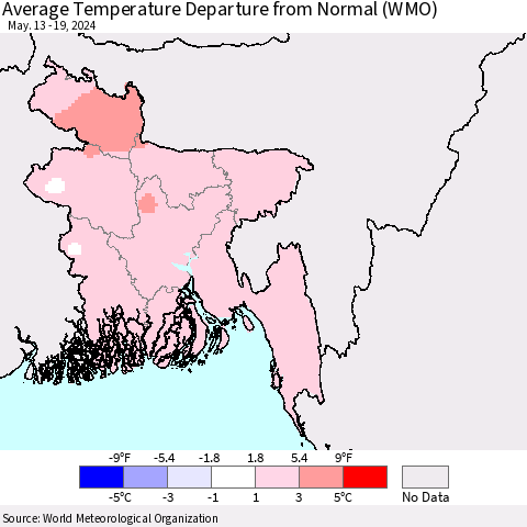 Bangladesh Average Temperature Departure from Normal (WMO) Thematic Map For 5/13/2024 - 5/19/2024
