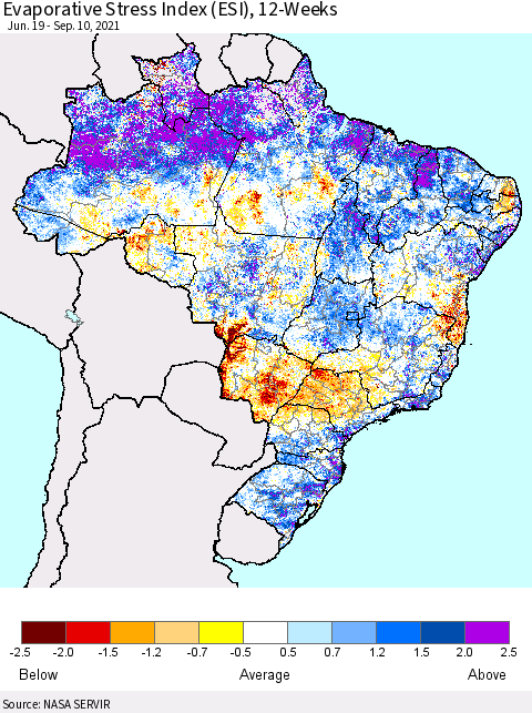 Brazil Evaporative Stress Index (ESI), 12-Weeks Thematic Map For 9/6/2021 - 9/12/2021