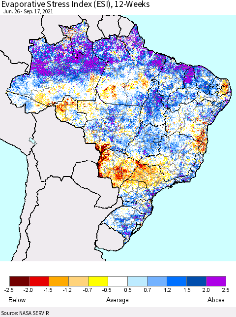 Brazil Evaporative Stress Index (ESI), 12-Weeks Thematic Map For 9/13/2021 - 9/19/2021