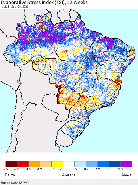Brazil Evaporative Stress Index (ESI), 12-Weeks Thematic Map For 9/20/2021 - 9/26/2021