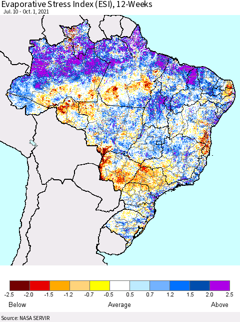 Brazil Evaporative Stress Index (ESI), 12-Weeks Thematic Map For 9/27/2021 - 10/3/2021