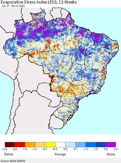 Brazil Evaporative Stress Index (ESI), 12-Weeks Thematic Map For 10/4/2021 - 10/10/2021