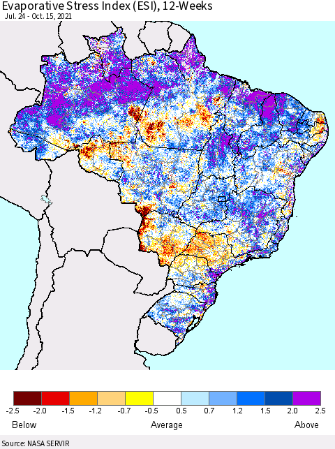 Brazil Evaporative Stress Index (ESI), 12-Weeks Thematic Map For 10/11/2021 - 10/17/2021