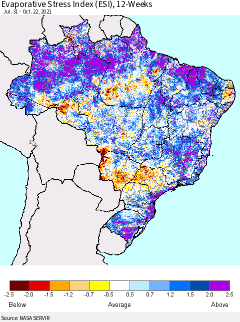 Brazil Evaporative Stress Index (ESI), 12-Weeks Thematic Map For 10/18/2021 - 10/24/2021