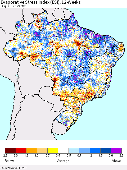 Brazil Evaporative Stress Index (ESI), 12-Weeks Thematic Map For 10/25/2021 - 10/31/2021