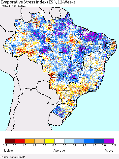 Brazil Evaporative Stress Index (ESI), 12-Weeks Thematic Map For 11/1/2021 - 11/7/2021