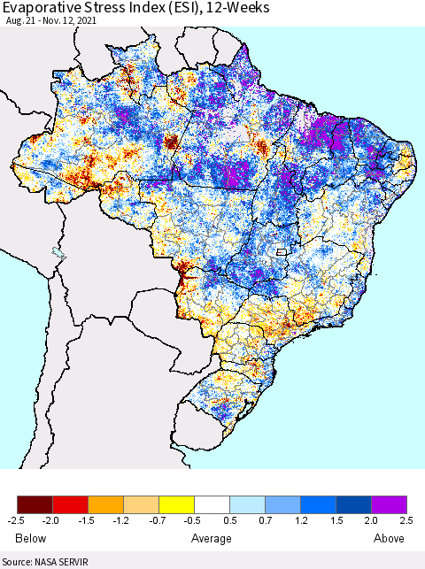 Brazil Evaporative Stress Index (ESI), 12-Weeks Thematic Map For 11/8/2021 - 11/14/2021