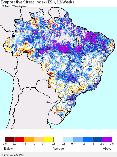 Brazil Evaporative Stress Index (ESI), 12-Weeks Thematic Map For 11/15/2021 - 11/21/2021