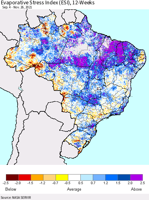 Brazil Evaporative Stress Index (ESI), 12-Weeks Thematic Map For 11/22/2021 - 11/28/2021